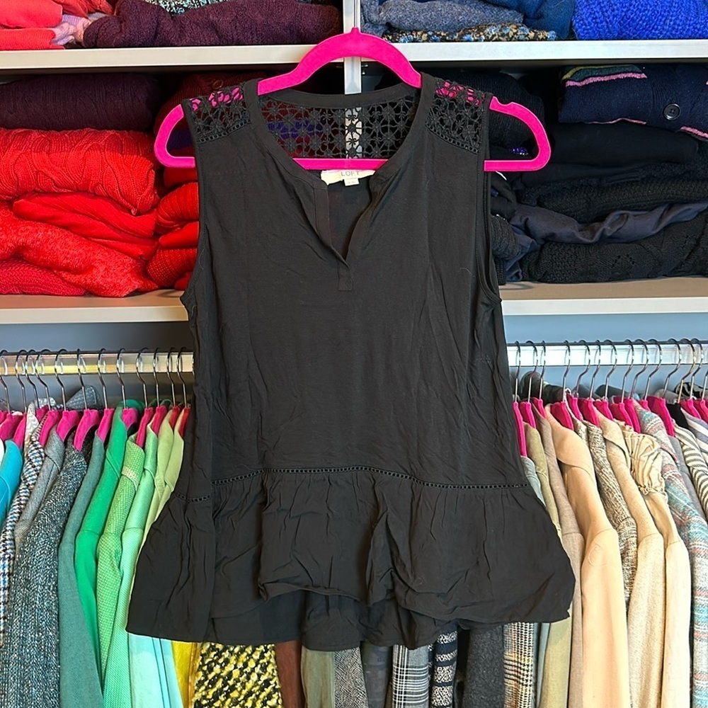 Loft peplum style black embroidered v neck top size XS